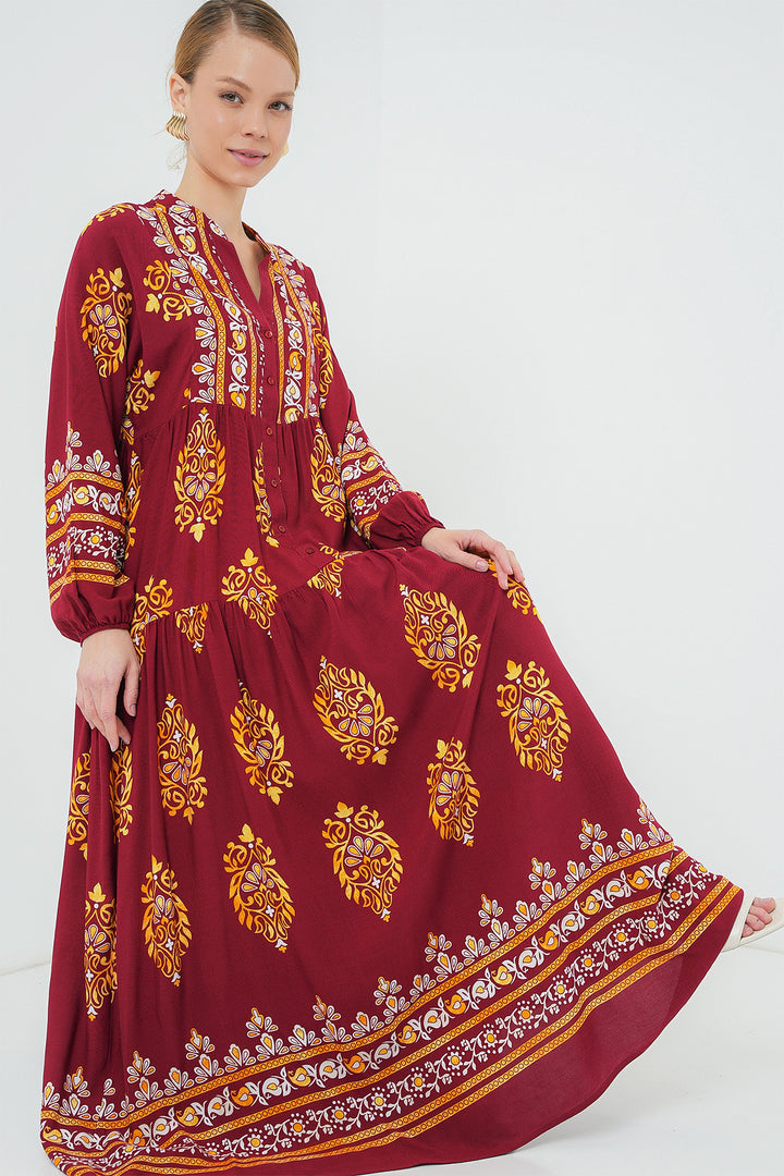 BGD Women Authentic Patterned Hijab Dress - Burgundy - Slatina