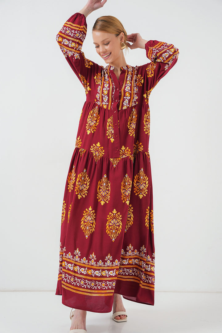 BGD Women Authentic Patterned Hijab Dress - Burgundy - Slatina