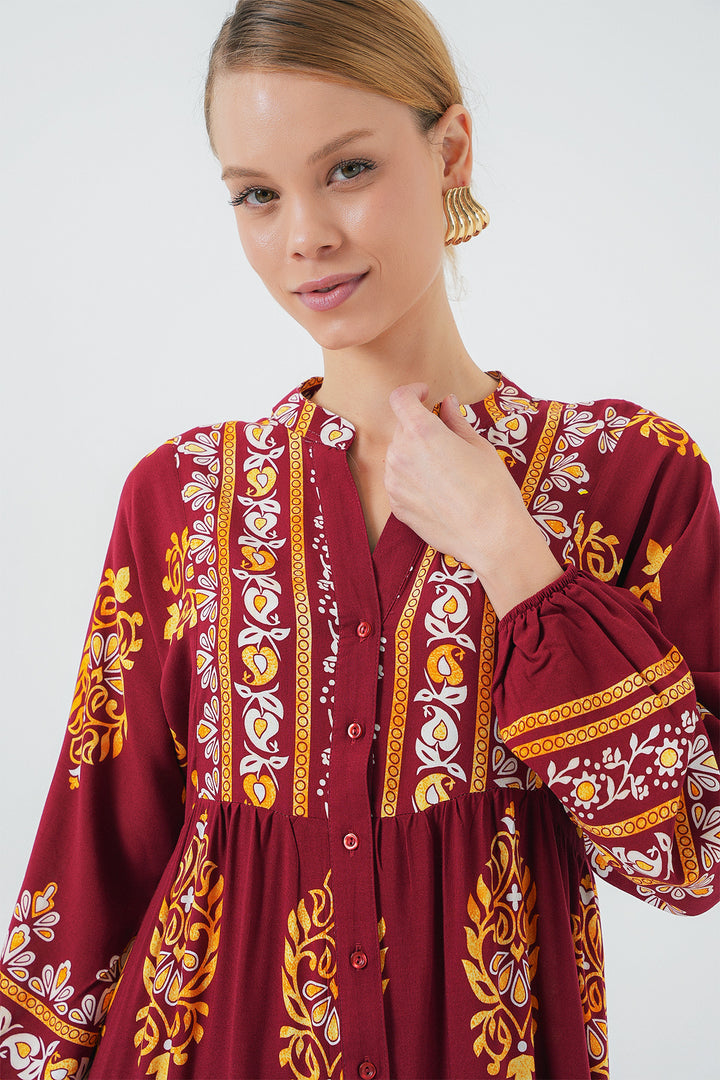 BGD Women Authentic Patterned Hijab Dress - Burgundy - Slatina