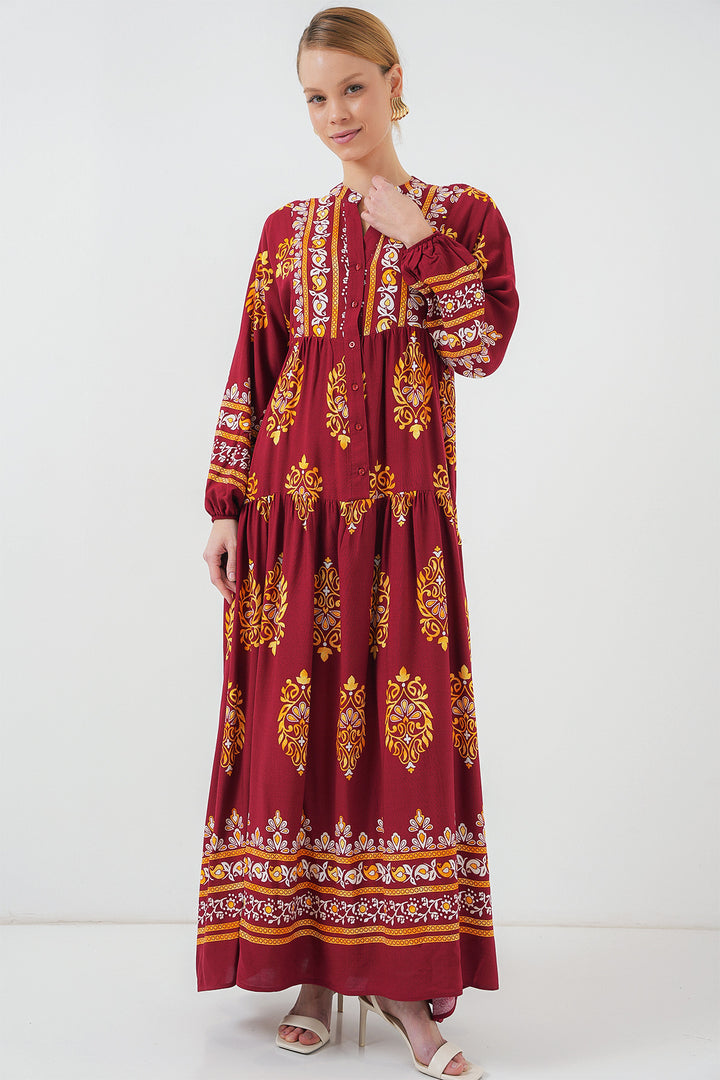 BGD Women Authentic Patterned Hijab Dress - Burgundy - Slatina