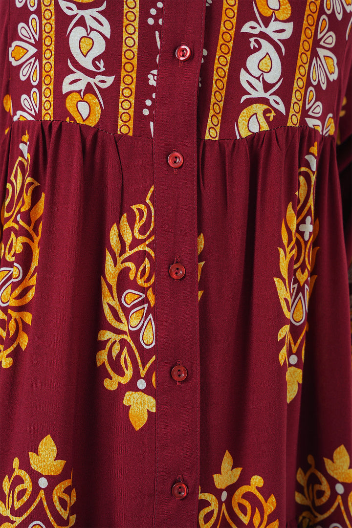 BGD Women Authentic Patterned Hijab Dress - Burgundy - Slatina