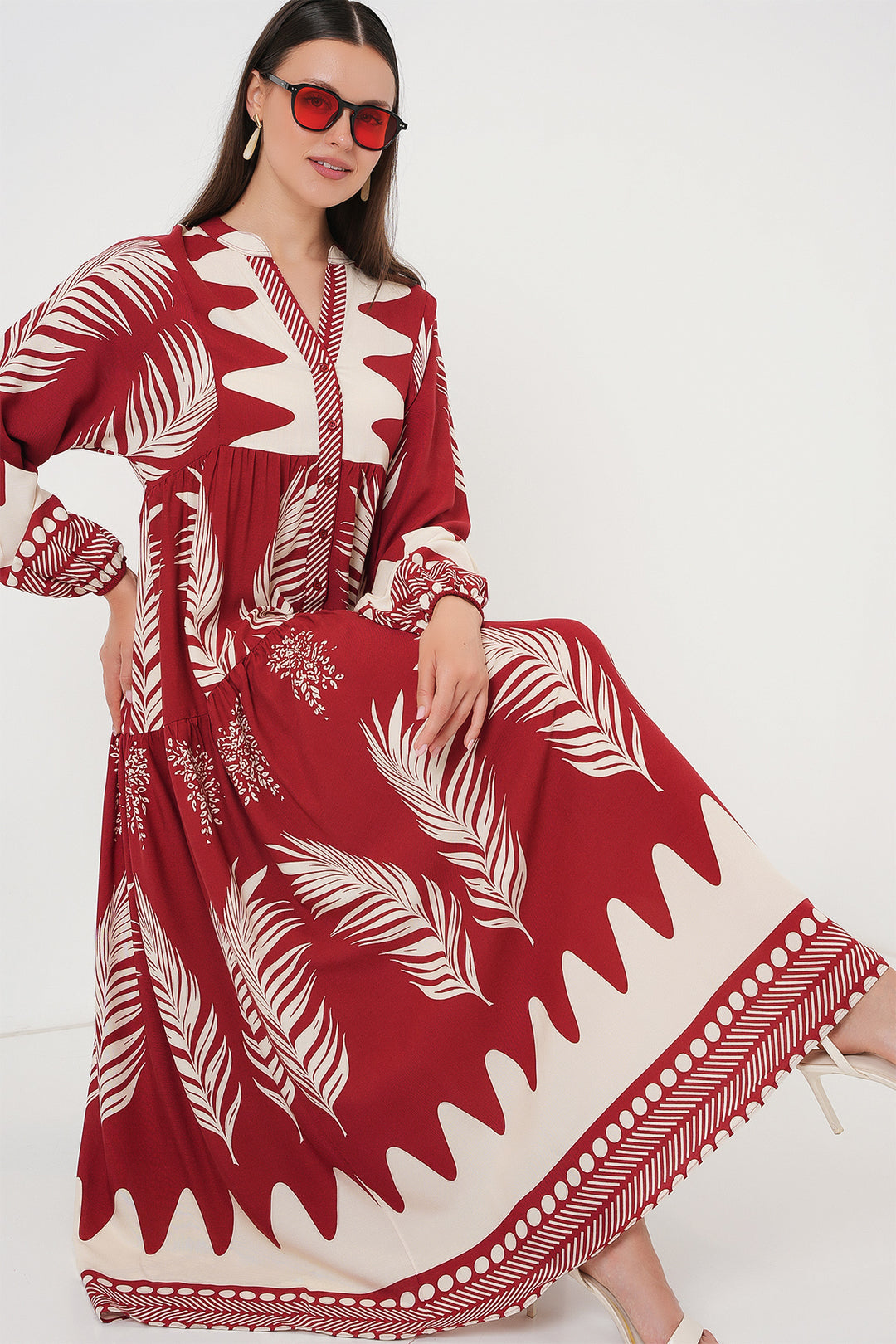 BGD Women Authentic Patterned Hijab Dress - Maroon - Waco