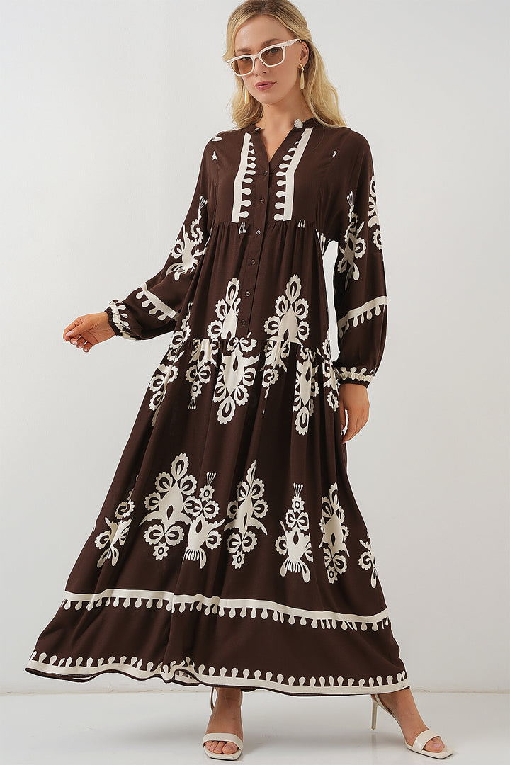 BGD Women Authentic Patterned Hijab Dress - Dark Brown - Chimalhuacán