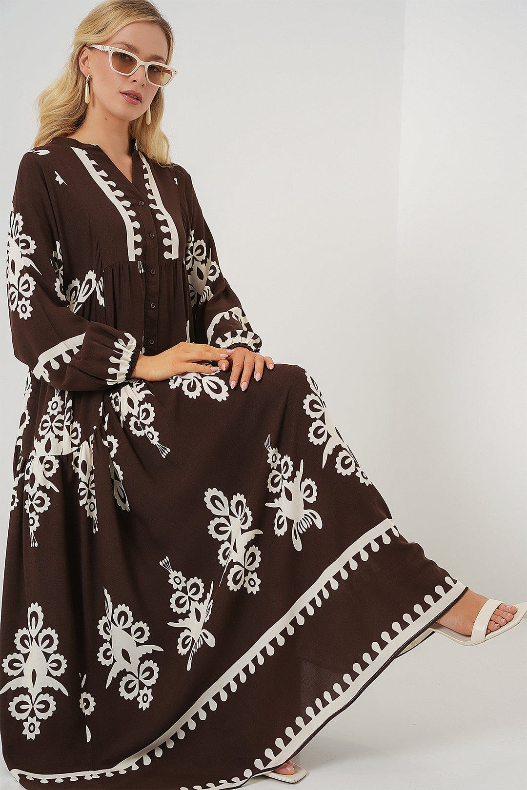 BGD Women Authentic Patterned Hijab Dress - Dark Brown - Chimalhuacán
