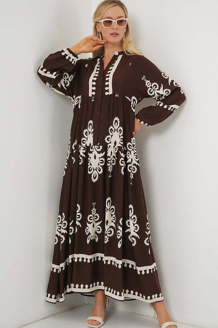 BGD Women Authentic Patterned Hijab Dress - Dark Brown - Chimalhuacán