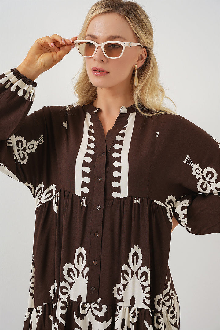 BGD Women Authentic Patterned Hijab Dress - Dark Brown - Chimalhuacán