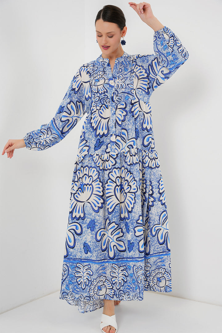 BGD Women Authentic Patterned Hijab Dress - Dark Blue - Valencia