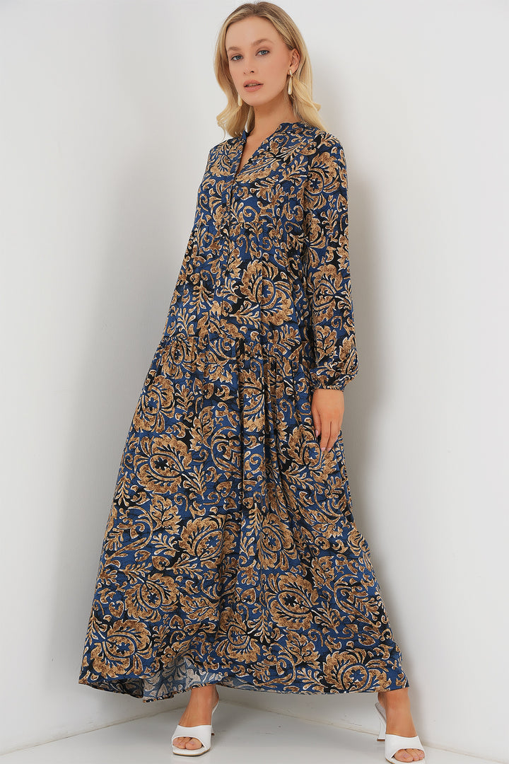 BGD Women Authentic Patterned Hijab Dress - Navy Blue 11 - Cihuatlán