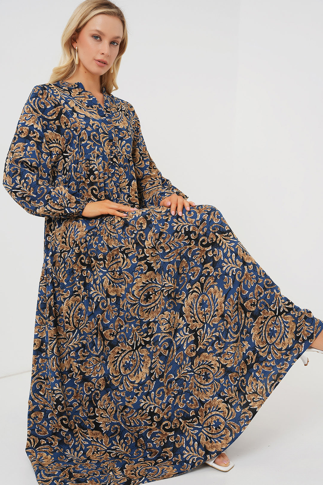 BGD Women Authentic Patterned Hijab Dress - Navy Blue 11 - Cihuatlán