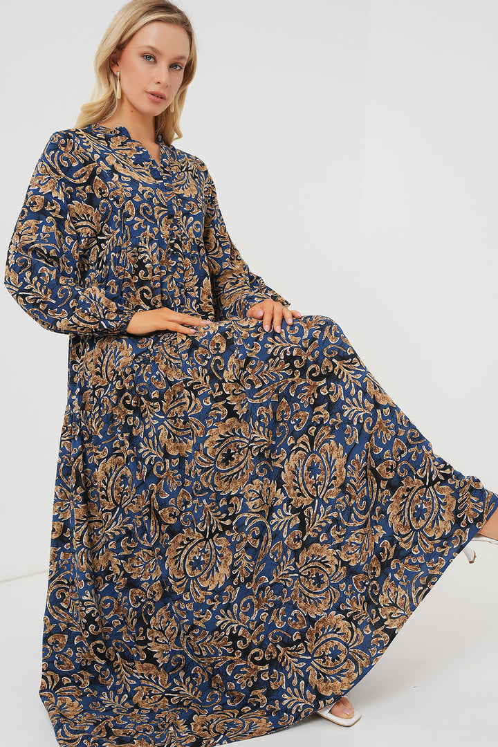 BGD Women Authentic Patterned Hijab Dress - Navy Blue 11 - Cihuatlán