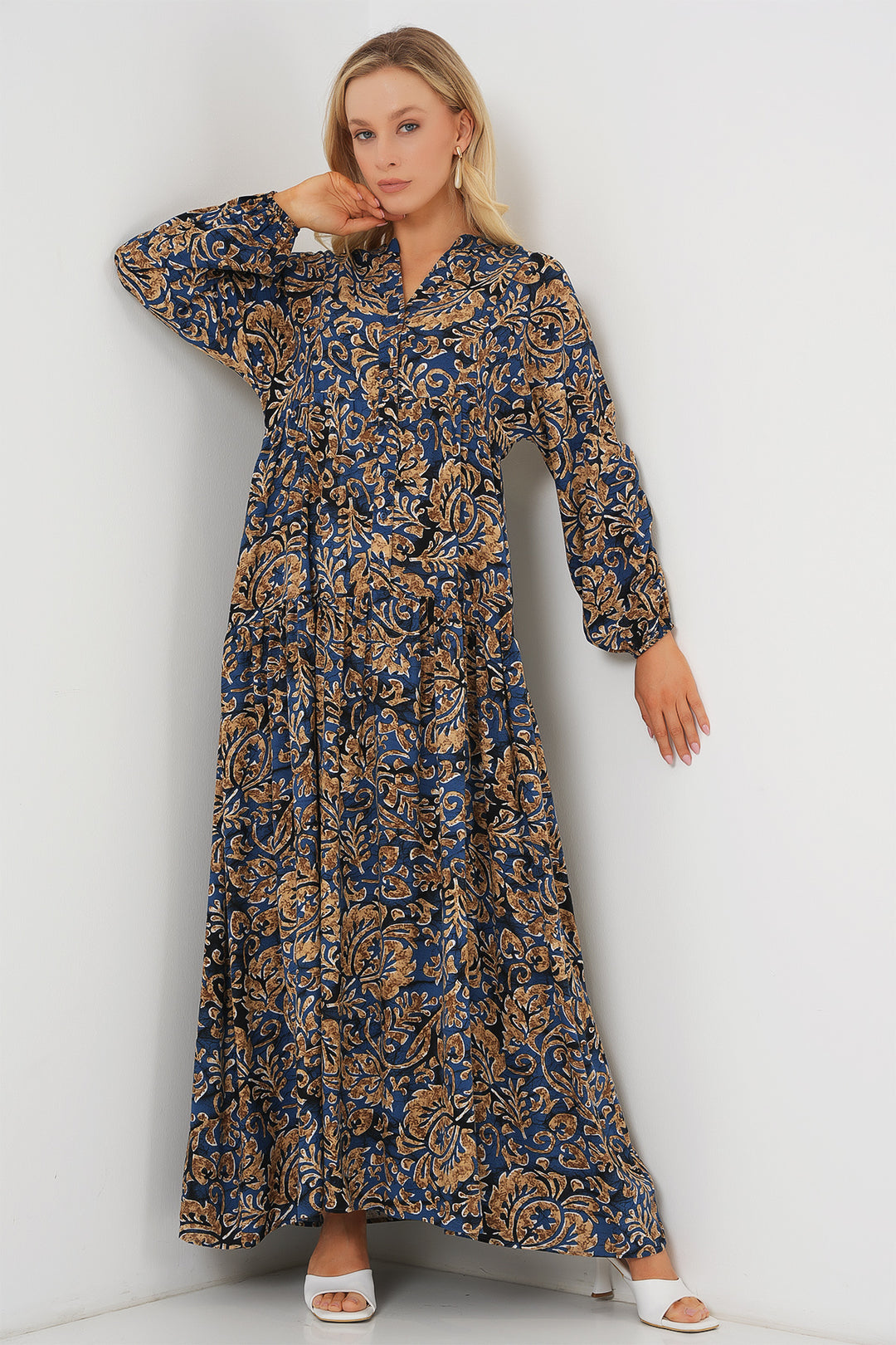 BGD Women Authentic Patterned Hijab Dress - Navy Blue 11 - Cihuatlán