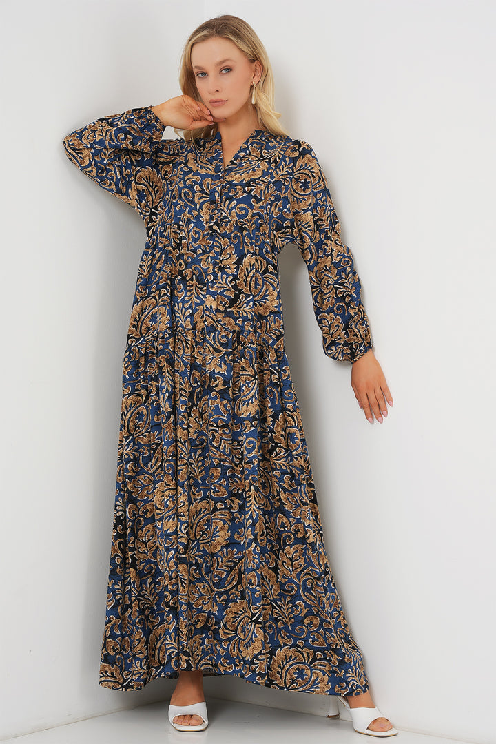 BGD Women Authentic Patterned Hijab Dress - Navy Blue 11 - Cihuatlán