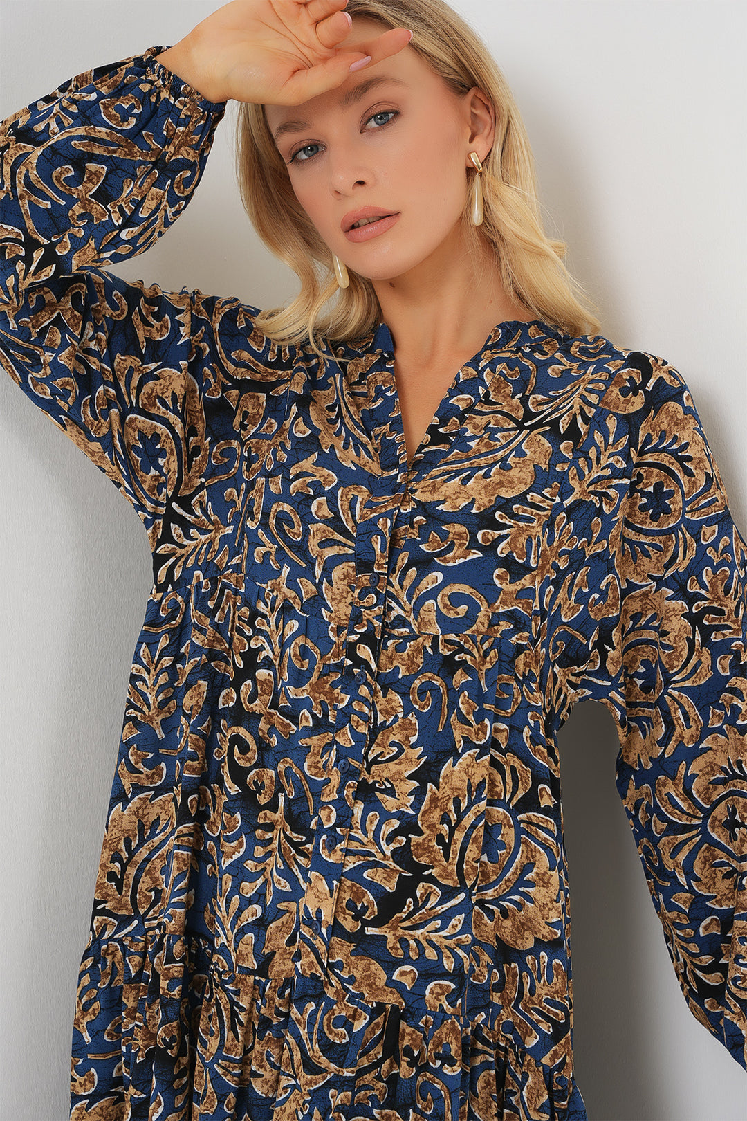 BGD Women Authentic Patterned Hijab Dress - Navy Blue 11 - Cihuatlán