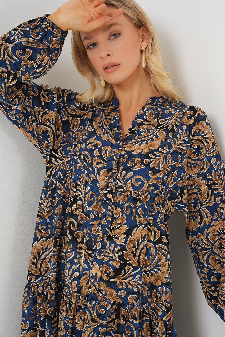 BGD Women Authentic Patterned Hijab Dress - Navy Blue 11 - Cihuatlán