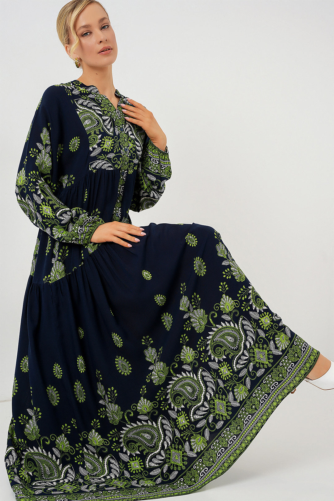BGD Women Authentic Patterned Hijab Dress - Navy Blue 13 - Franklin