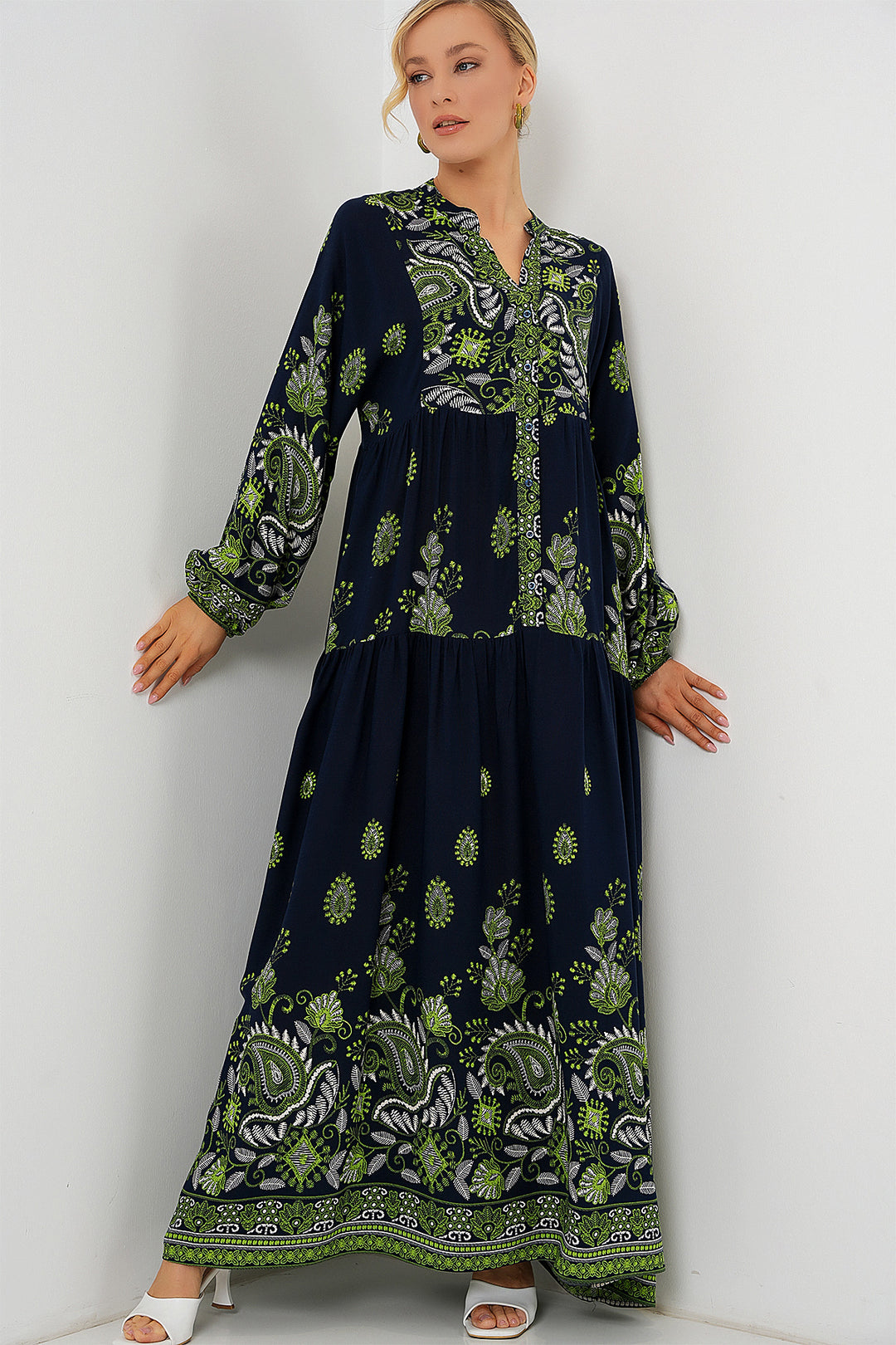 BGD Women Authentic Patterned Hijab Dress - Navy Blue 13 - Franklin