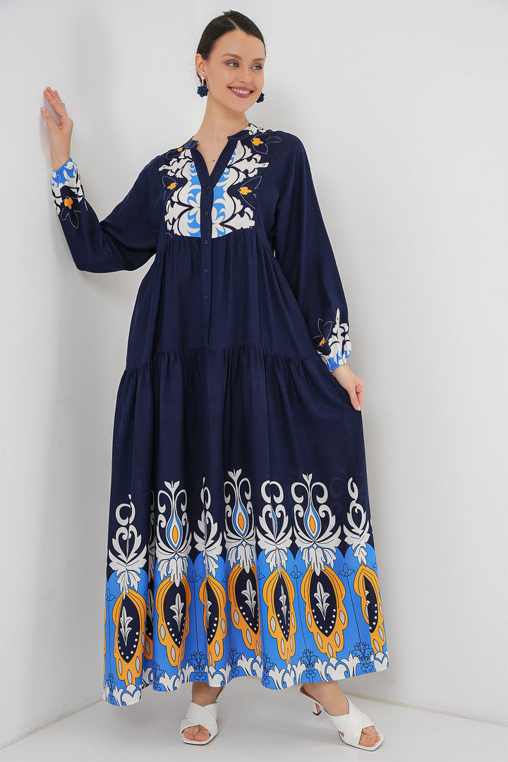 BGD Women Authentic Patterned Hijab Dress - Navy Blue 4 - Olney