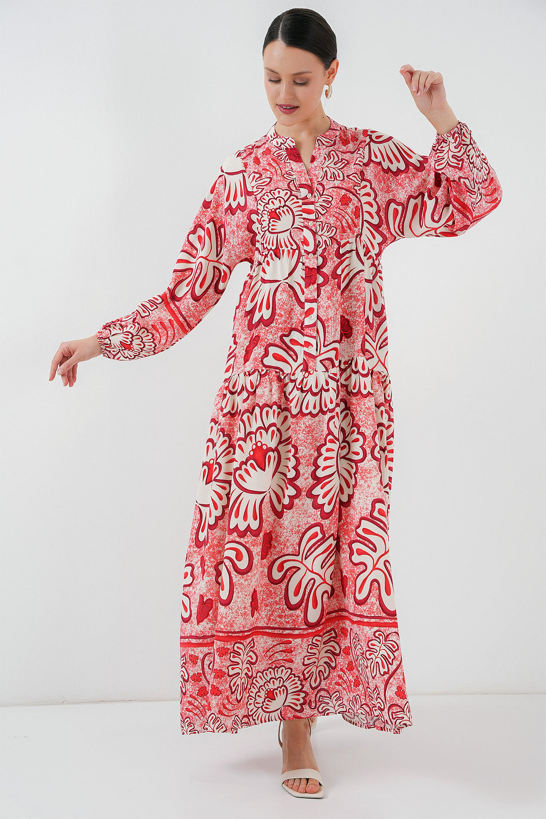 BGD Women Authentic Patterned Hijab Dress - N. Red - Vawkavysk