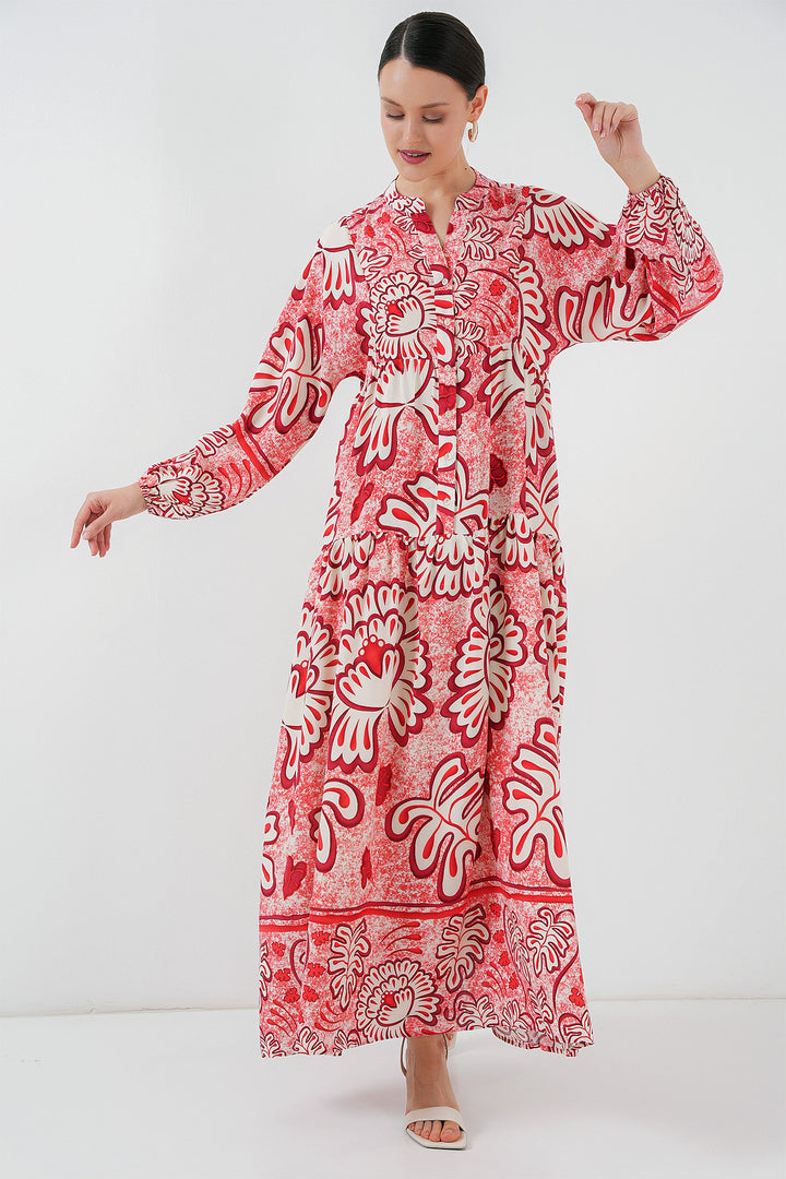 BGD Women Authentic Patterned Hijab Dress - N. Red - Vawkavysk