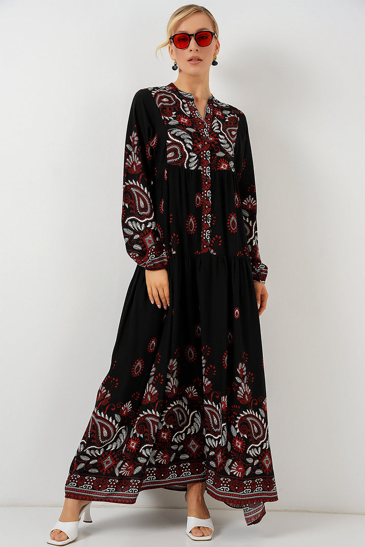 BGD Women Authentic Patterned Hijab Dress - Black - Burgundy - Cremona