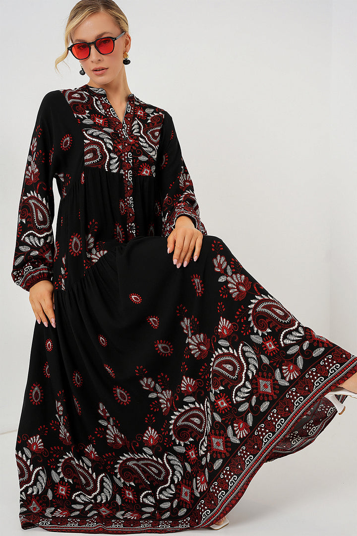BGD Women Authentic Patterned Hijab Dress - Black - Burgundy - Cremona