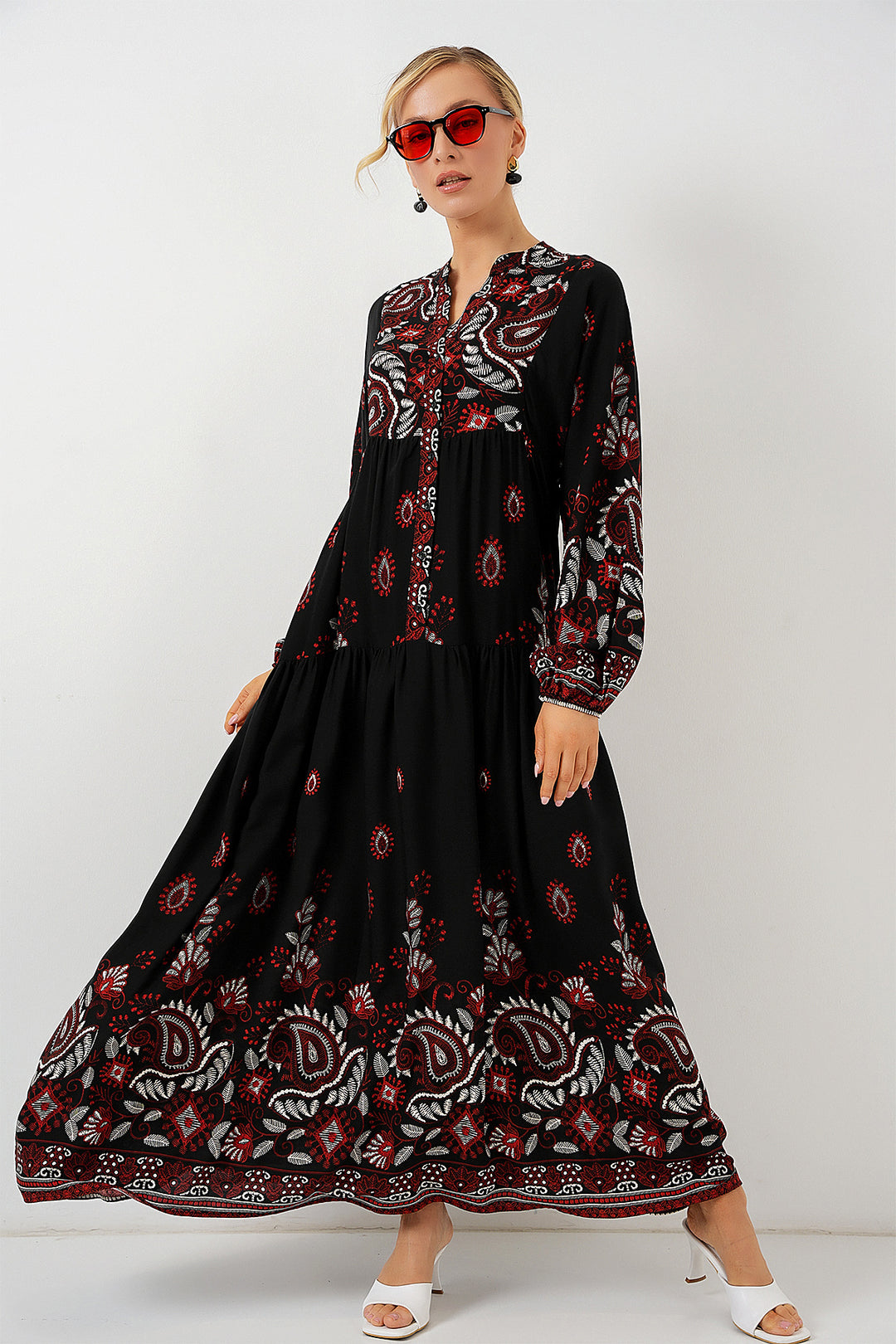 BGD Women Authentic Patterned Hijab Dress - Black - Burgundy - Cremona