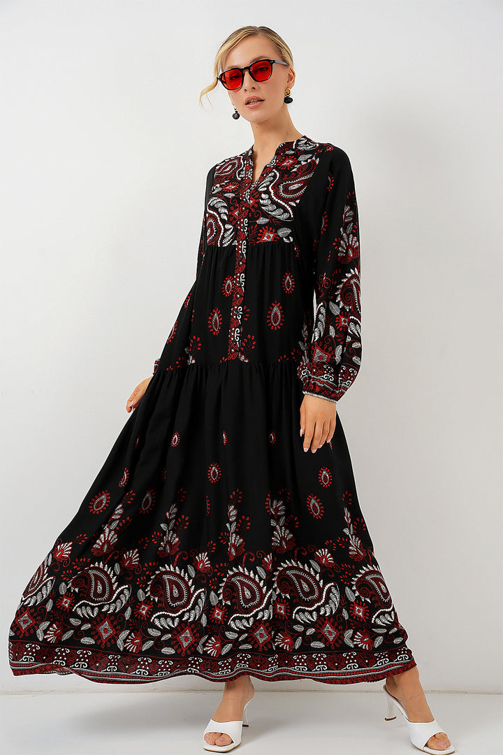 BGD Women Authentic Patterned Hijab Dress - Black - Burgundy - Cremona