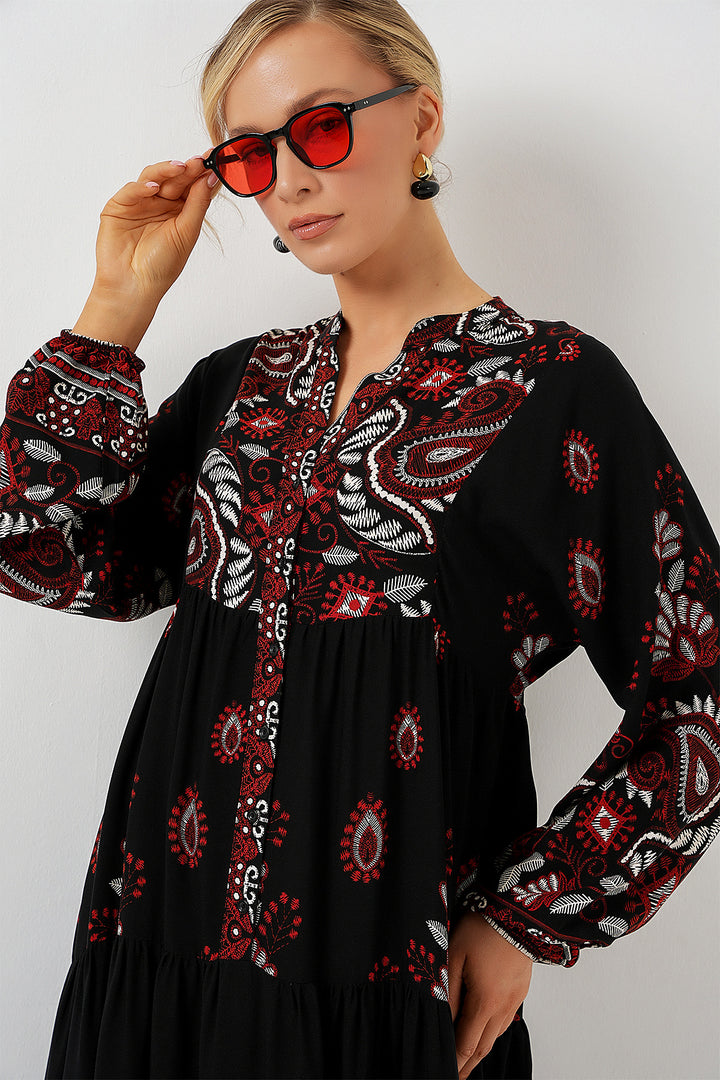 BGD Women Authentic Patterned Hijab Dress - Black - Burgundy - Cremona
