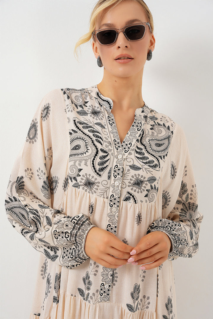 BGD Women Authentic Patterned Hijab Dress - Black - Cream - Acapulco de Juárez