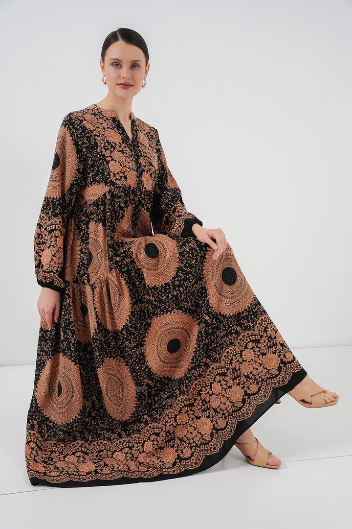 BGD Women Authentic Patterned Hijab Dress - Black - Tan - Helmond