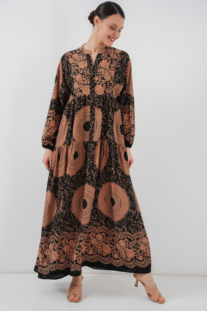 BGD Women Authentic Patterned Hijab Dress - Black - Tan - Helmond