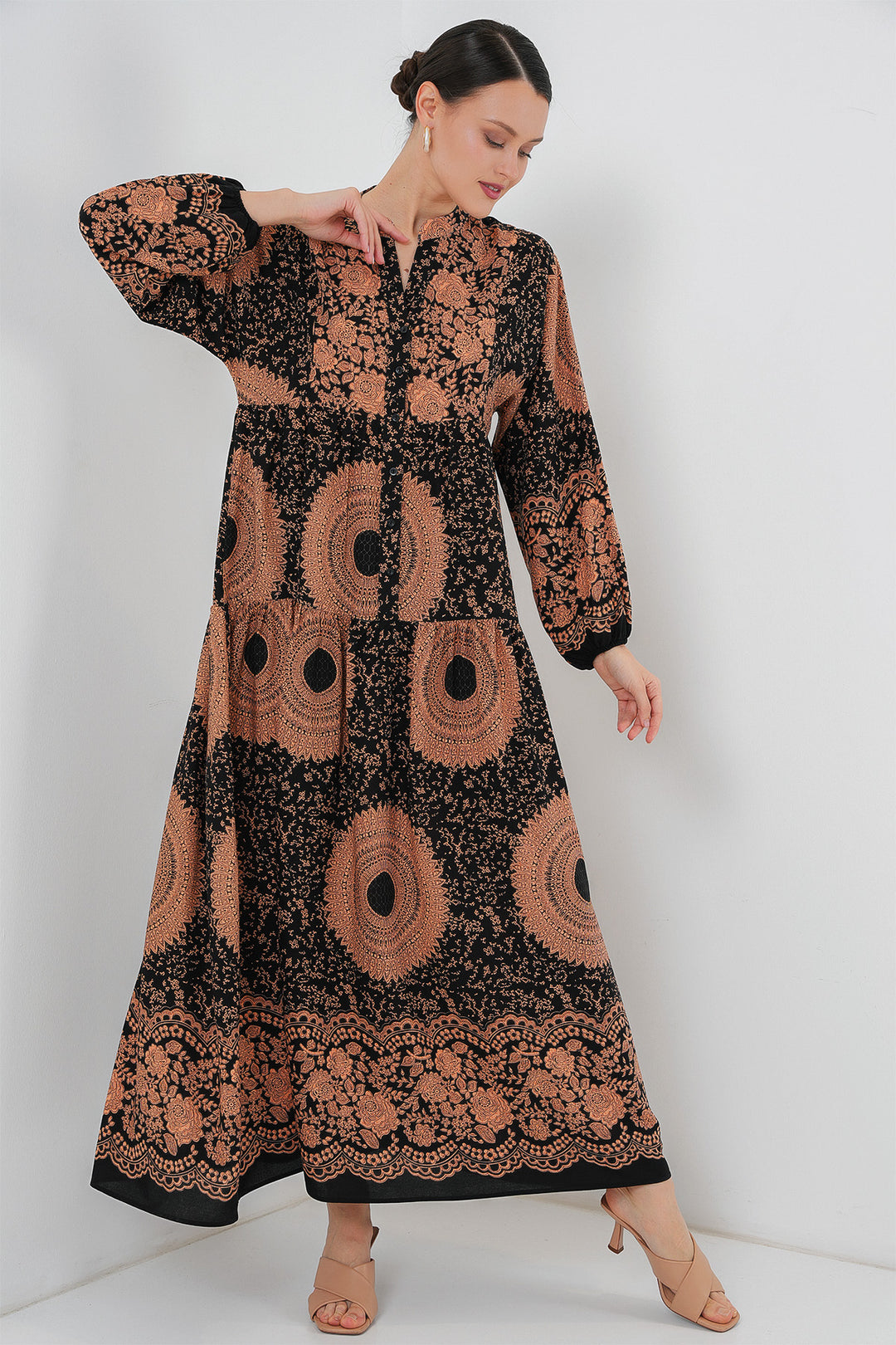 BGD Women Authentic Patterned Hijab Dress - Black - Tan - Helmond