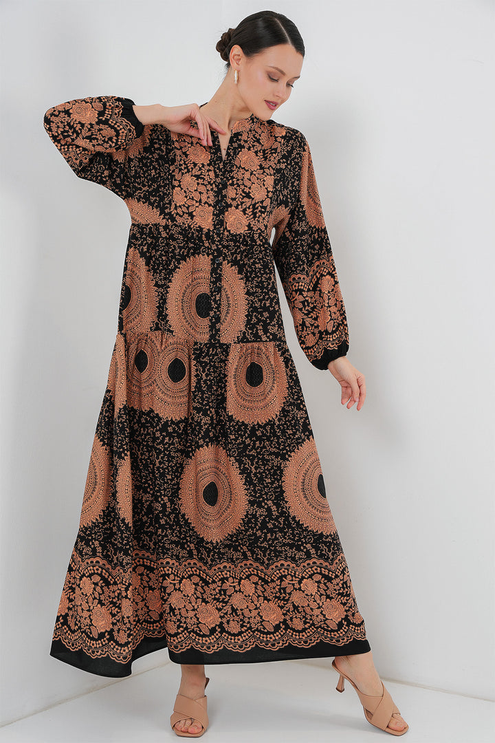 BGD Women Authentic Patterned Hijab Dress - Black - Tan - Helmond