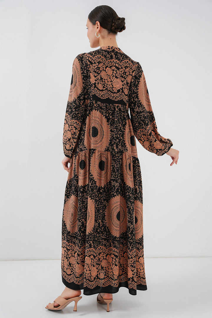 BGD Women Authentic Patterned Hijab Dress - Black - Tan - Helmond