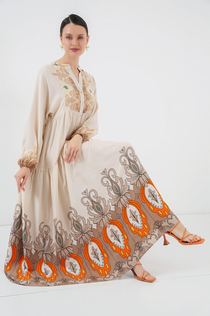 BGD Women Authentic Patterned Hijab Dress - T. Ecru - Hürth
