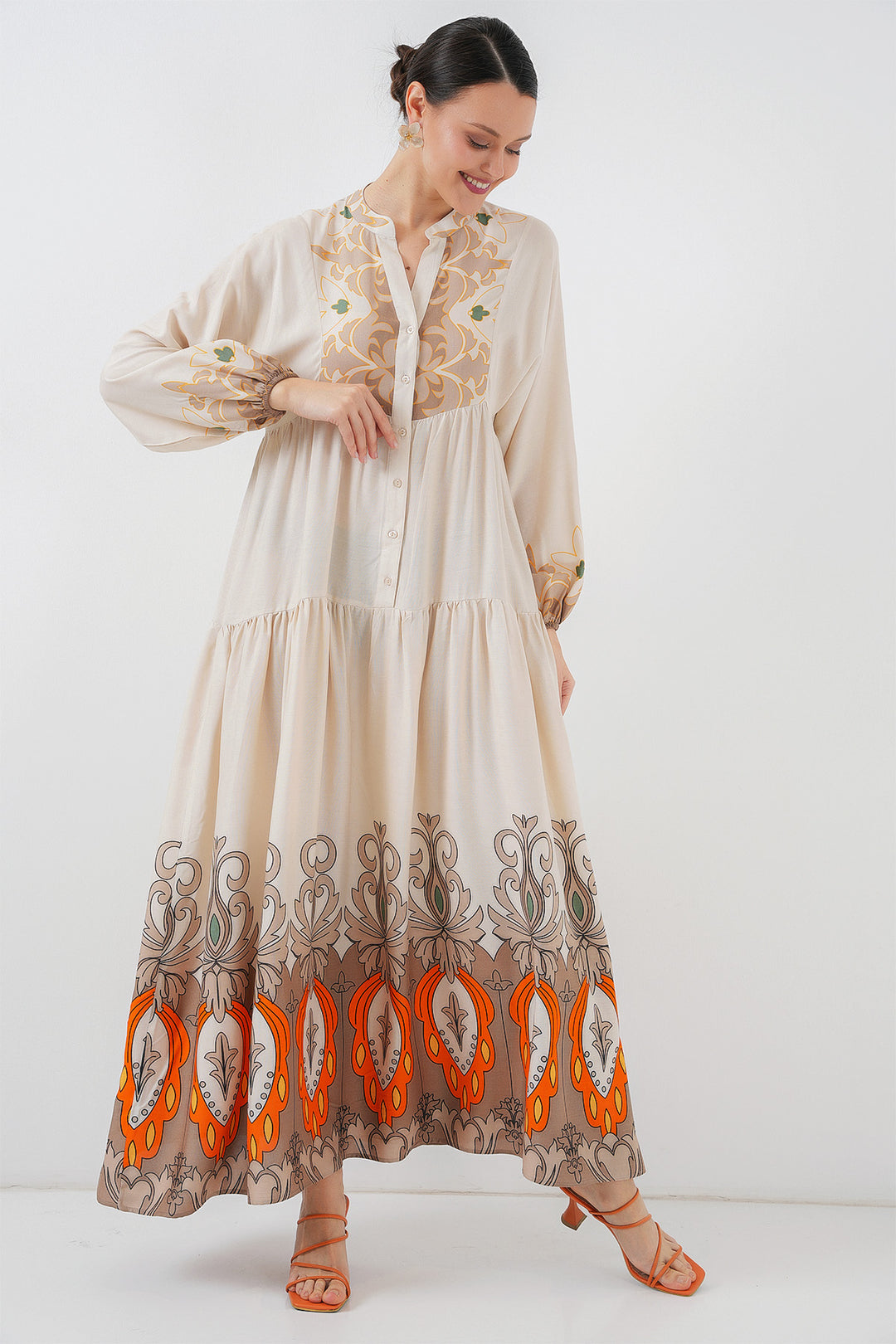 BGD Women Authentic Patterned Hijab Dress - T. Ecru - Hürth