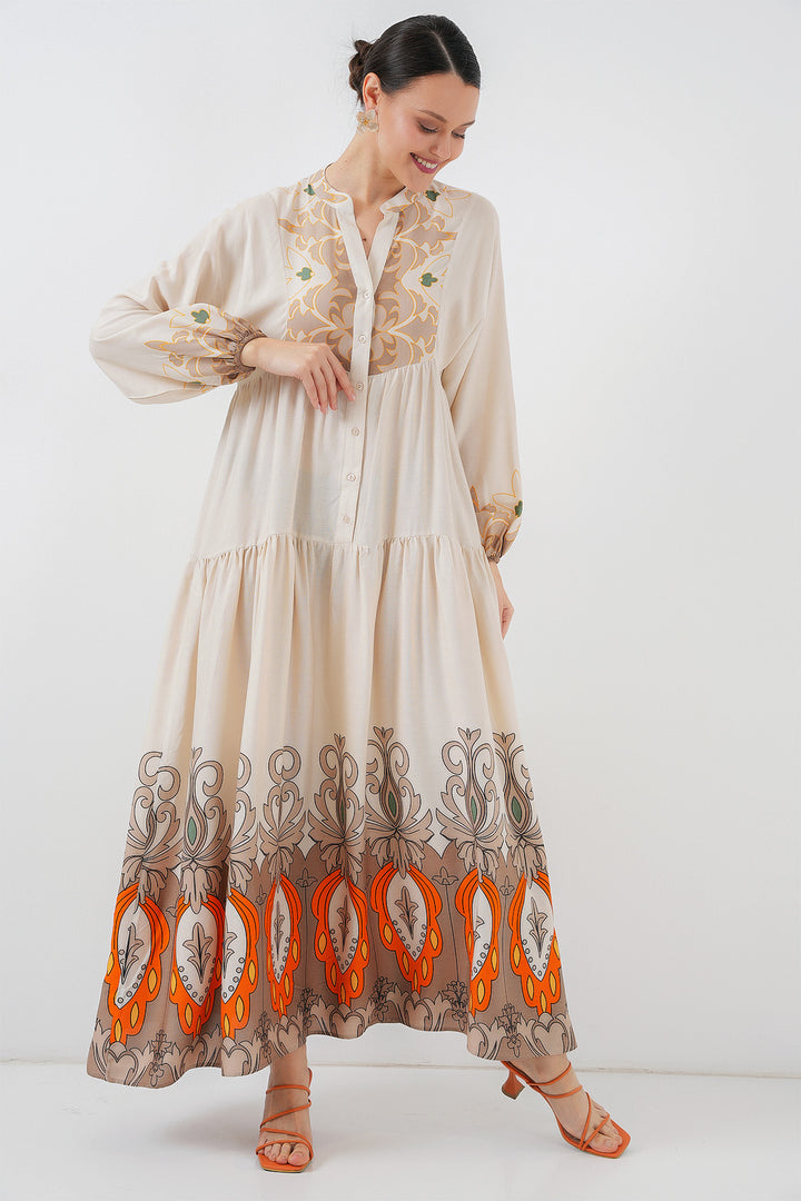BGD Women Authentic Patterned Hijab Dress - T. Ecru - Hürth