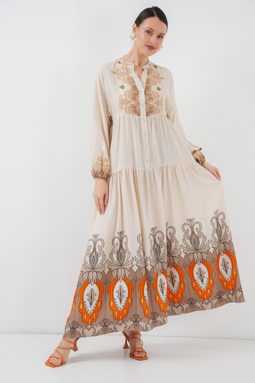 BGD Women Authentic Patterned Hijab Dress - T. Ecru - Hürth