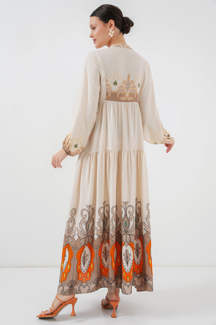 BGD Women Authentic Patterned Hijab Dress - T. Ecru - Hürth