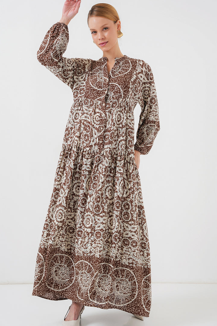 BGD Women Authentic Patterned Hijab Dress - Dark Brown - Sarnia
