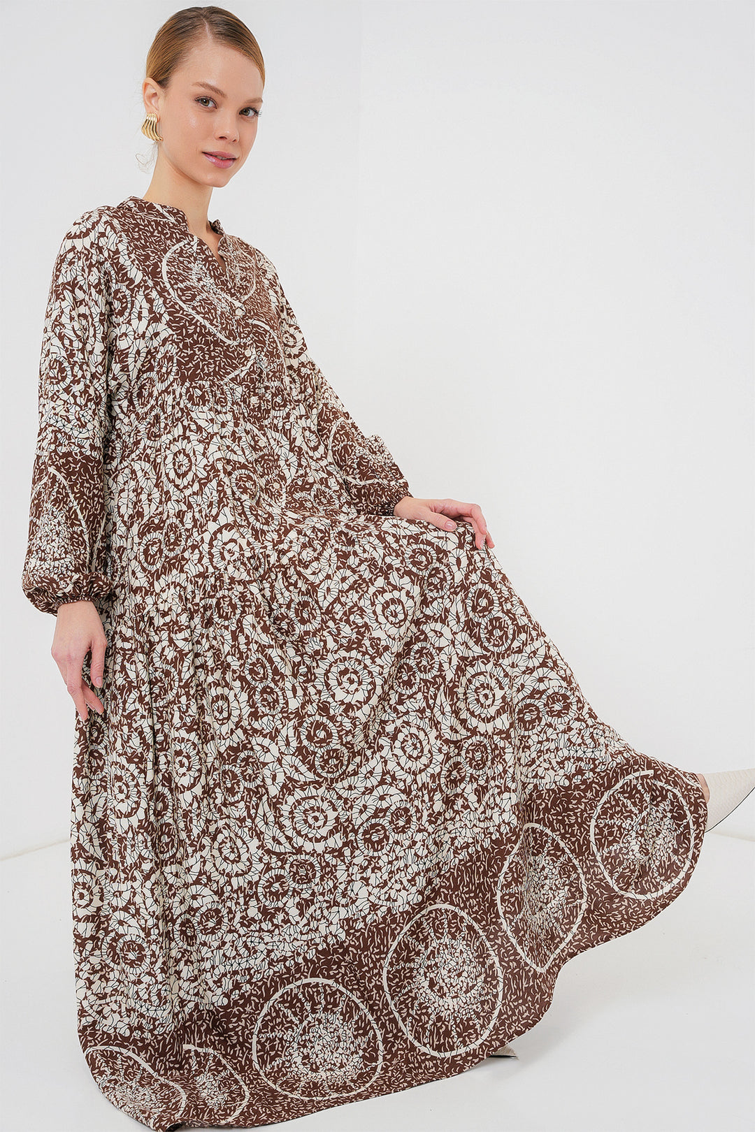 BGD Women Authentic Patterned Hijab Dress - Dark Brown - Sarnia