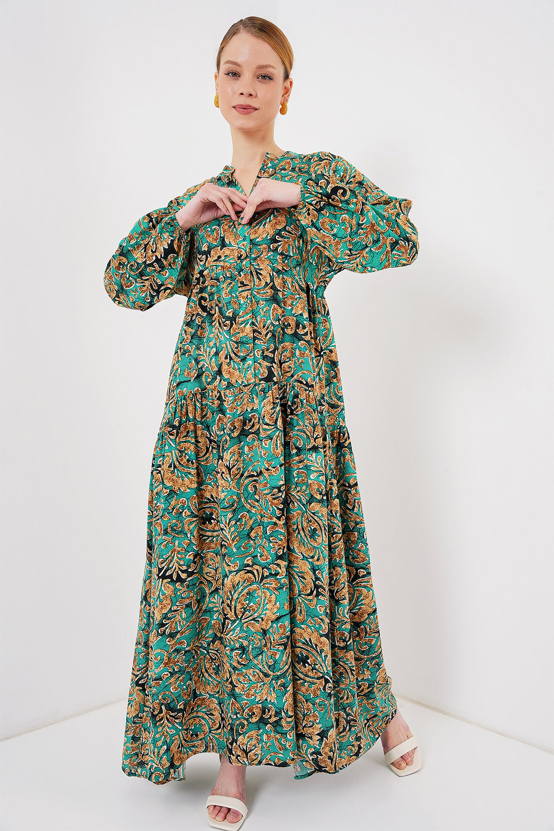 BGD Women Authentic Patterned Hijab Dress - Y. Water Green - Bozeman