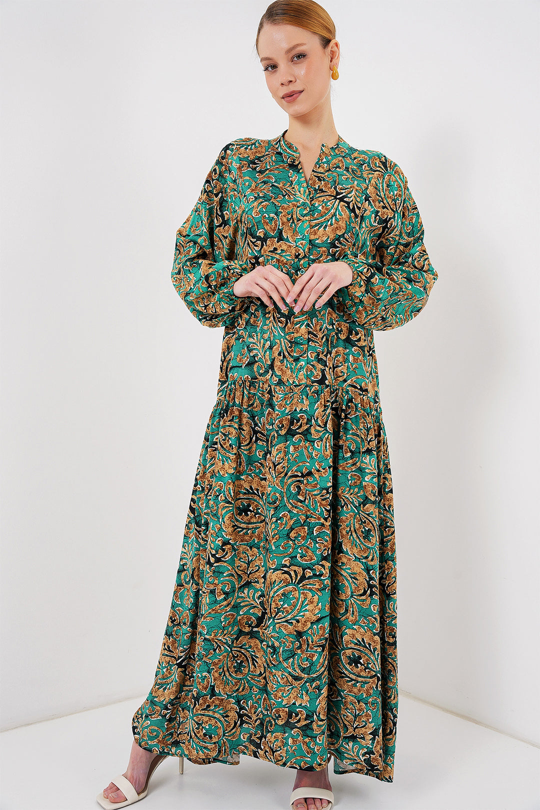 BGD Women Authentic Patterned Hijab Dress - Y. Water Green - Bozeman