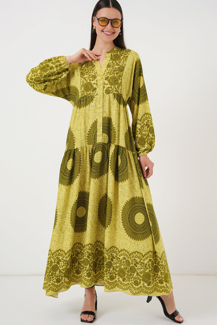 BGD Women Authentic Patterned Hijab Dress - Olive Green 2 - Makiivka