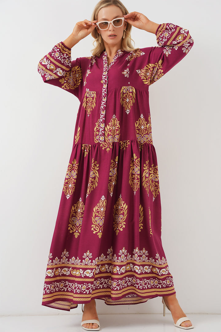 BGD Women Authentic Patterned Hijab Dress - Maroon - El Centro