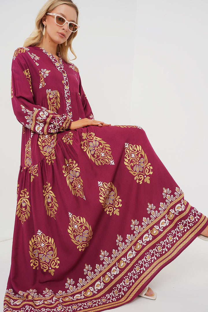 BGD Women Authentic Patterned Hijab Dress - Maroon - El Centro