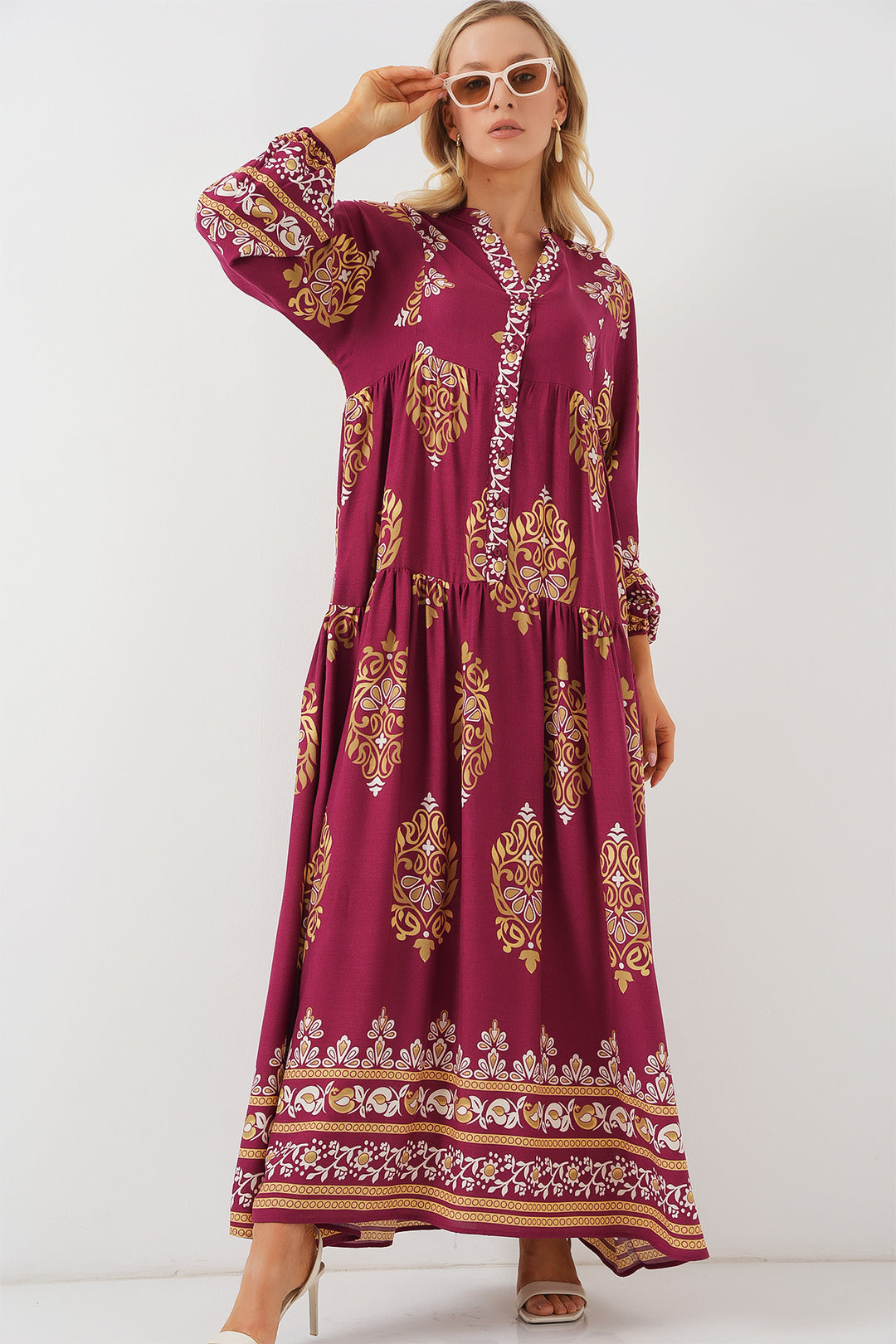 BGD Women Authentic Patterned Hijab Dress - Maroon - El Centro