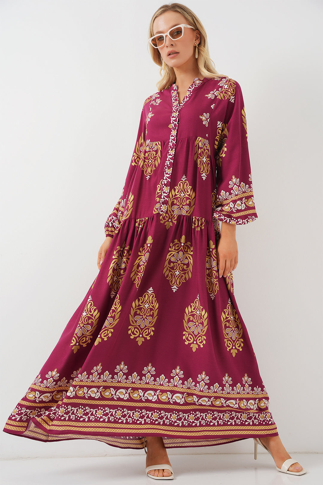 BGD Women Authentic Patterned Hijab Dress - Maroon - El Centro