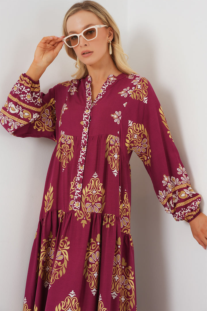 BGD Women Authentic Patterned Hijab Dress - Maroon - El Centro