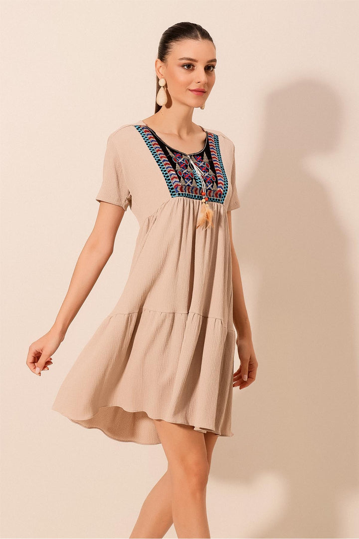 BGD Women Embroidered Knit Dress - Beige - Kingswood